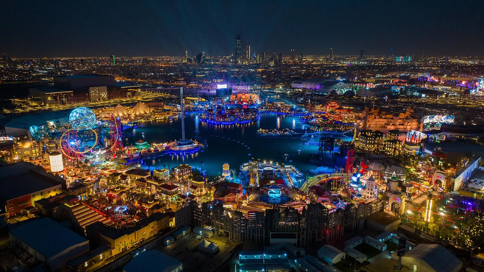 Aerial view of Boulevard World in Riyadh lit at night during Riyadh Season