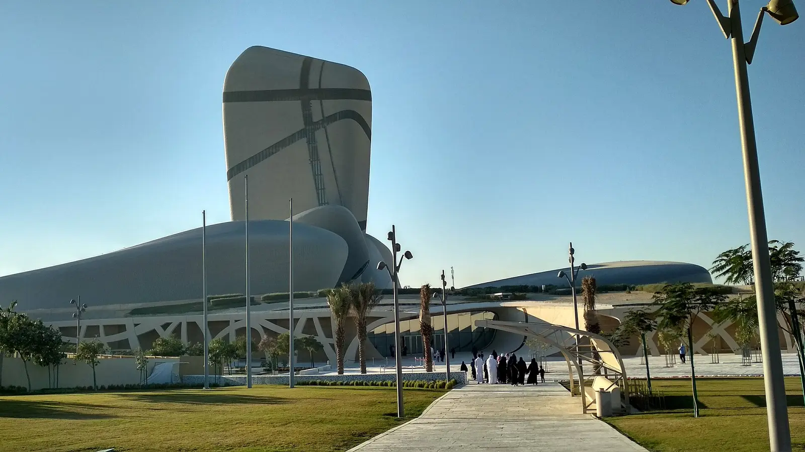 The King Abdulaziz Center for World Culture (Ithra) tower and facade in Dhahran on a clear day